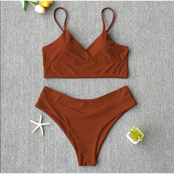 Rust V-Neck Bikini with Waistband Detail Size Small - Picture 1 of 8